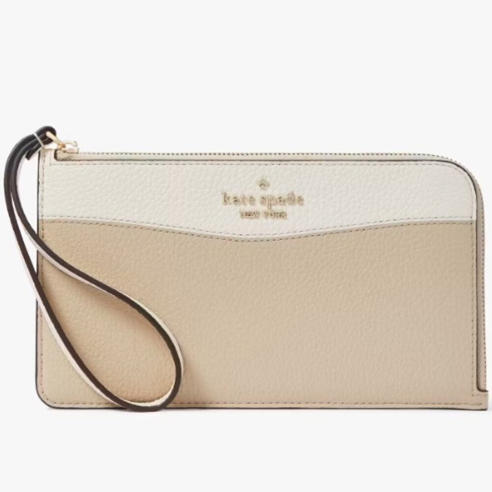NEW Kate Spade Lucy Colorblock Pebbled Leather Med L-zip Wristlet in Light Sand​